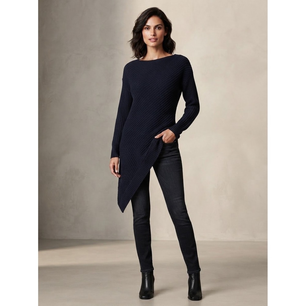 BCBGMAXAZRIA Everest Asymmetrical Ribbed Knit Sweater Navy Blue Small